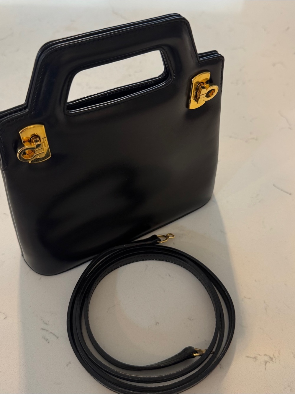 Salvatore Ferragamo Black Leather Mini Top-Handle Bag with Gold Hardware